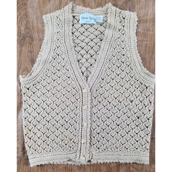 Vintage Womens Med Knit Sweater Vest Button Up Open Knit Oatmeal - Picture 1 of 9